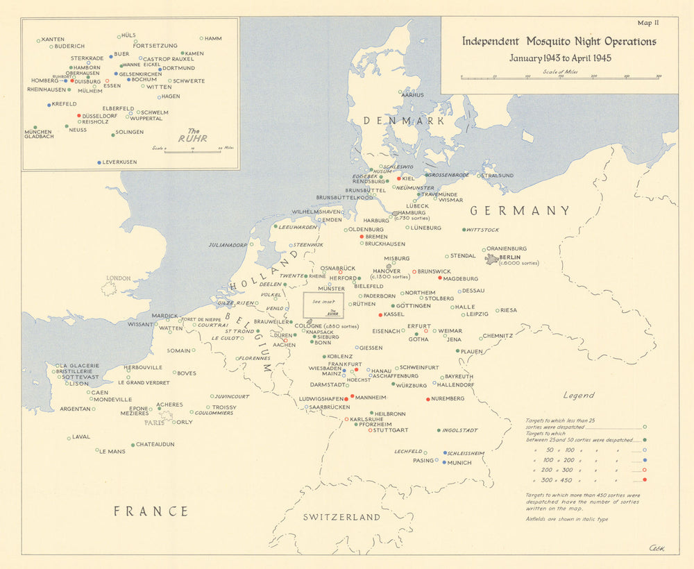 RAF Mosquito aircraft night operation sorties 1943-45. World War Two 1961 map