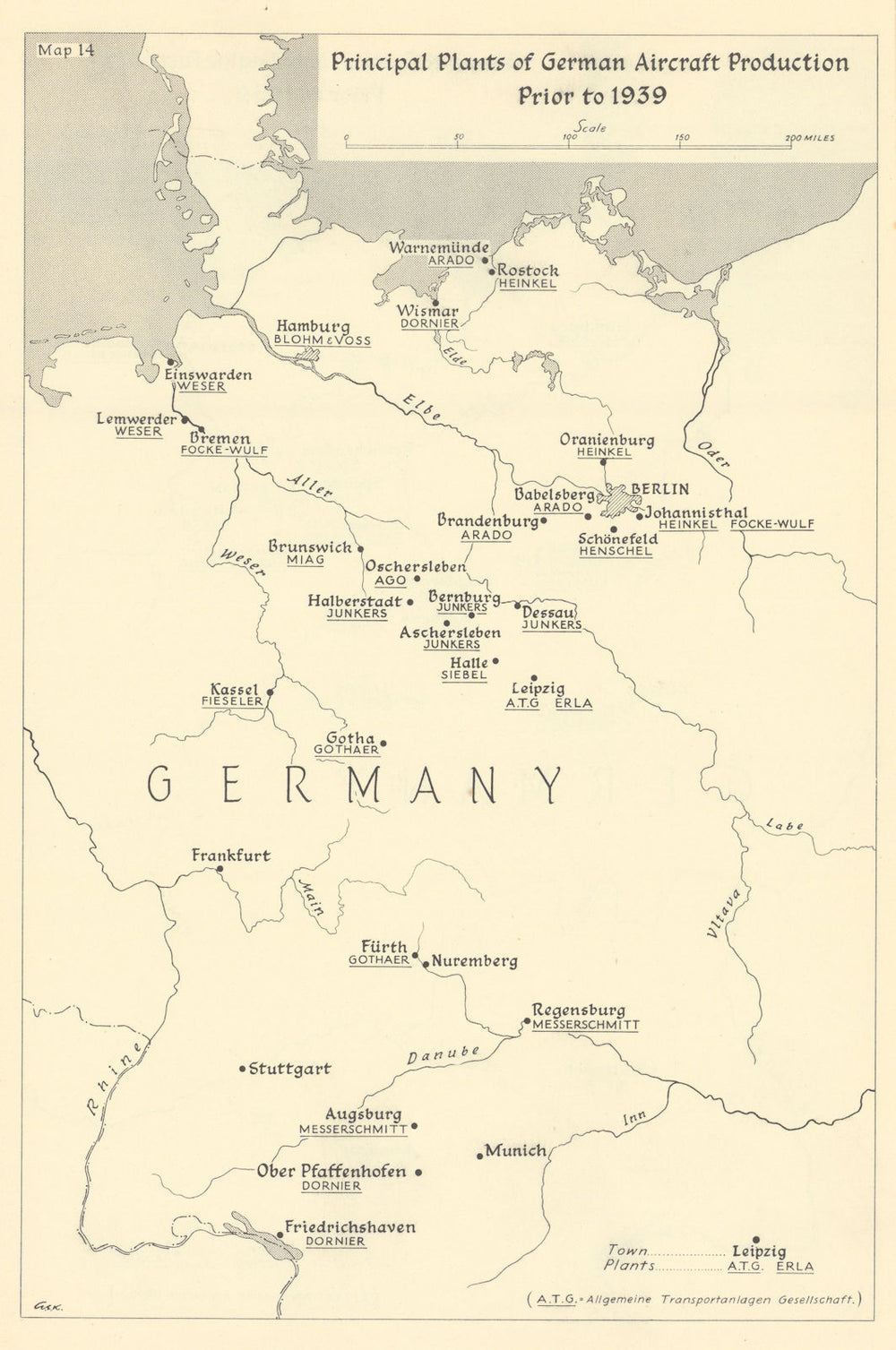 Main German aircraft factories prior to 1939. World War Two 1961 old map