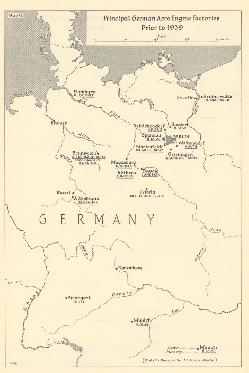 Main German aero-engine factories prior to 1939. World War Two 1961 old map