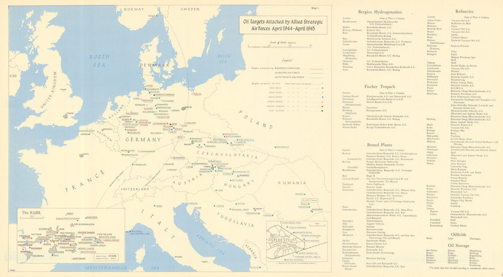 Oil targets attacked by allied air forces, April 1944-April 1945 WW2 1961 map