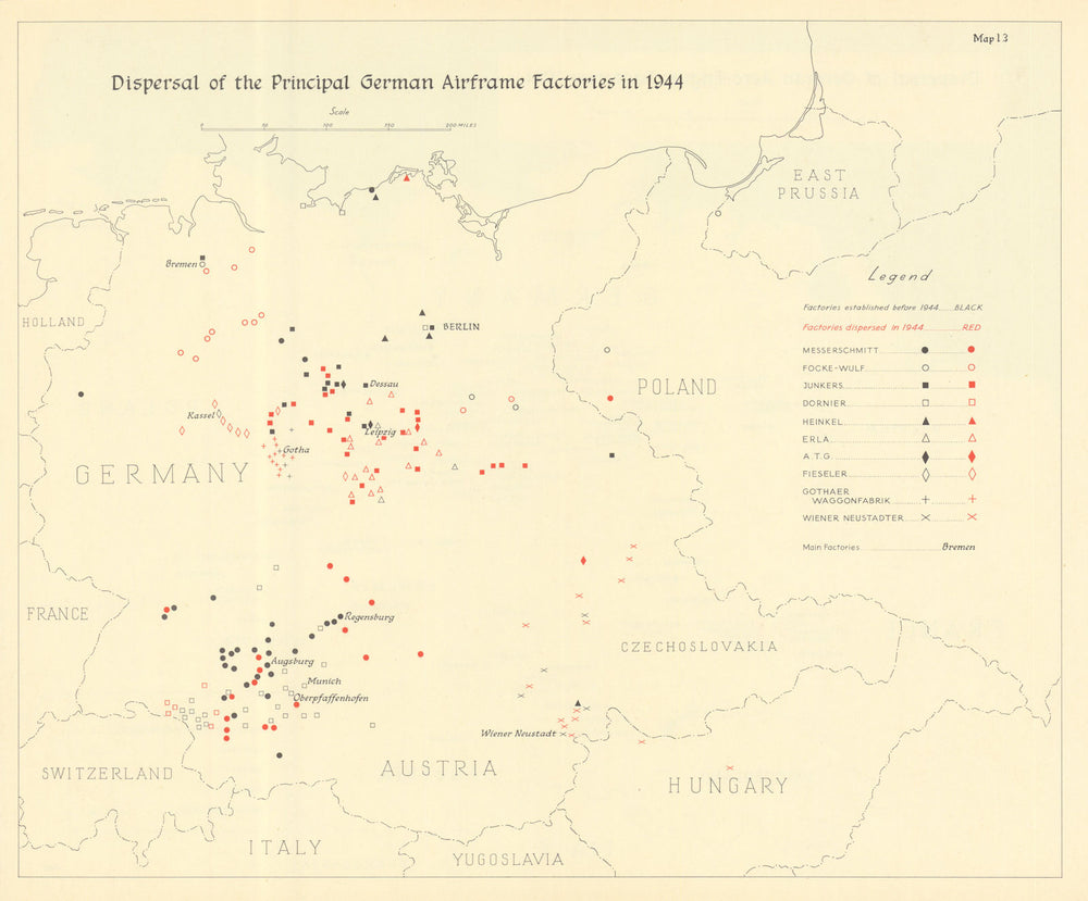 Dispersal of the main German airframe factories in 1944. World War Two 1961 map