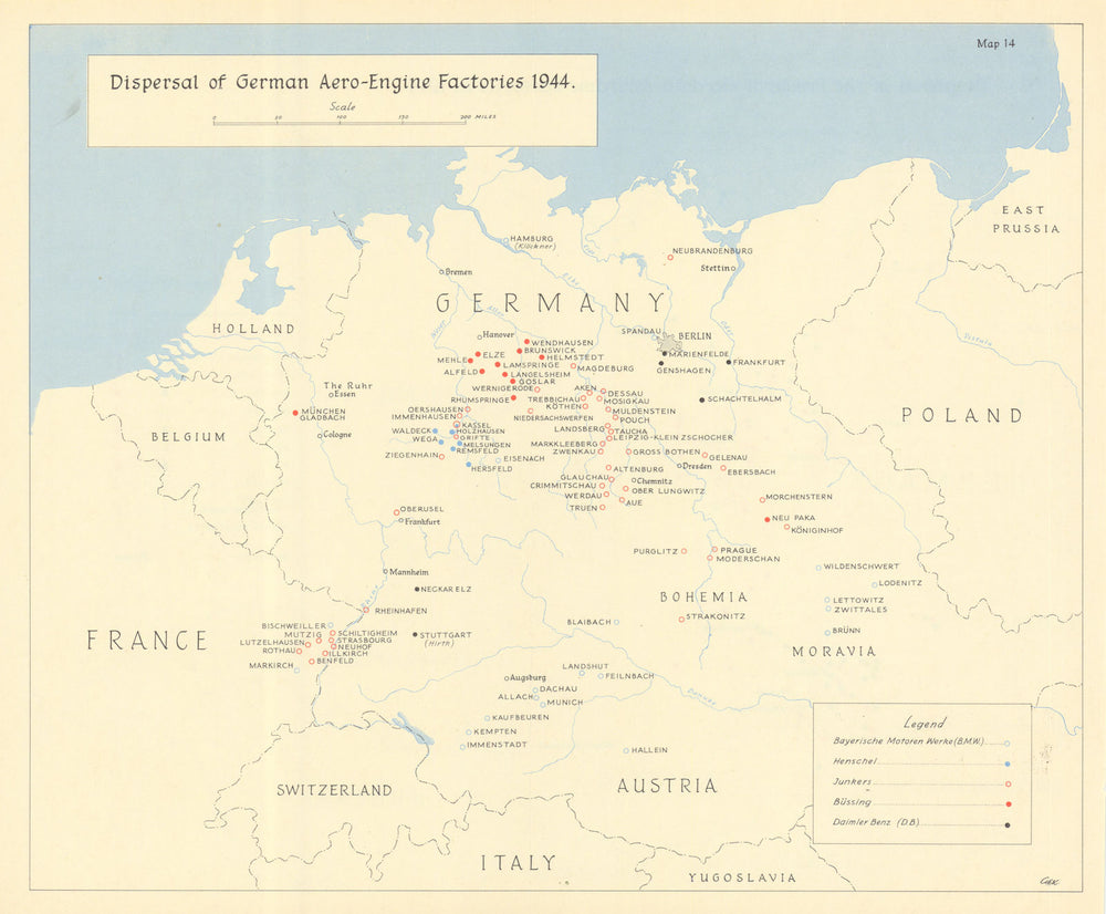 Dispersal of German aero-engine factories 1944. World War Two 1961 old map