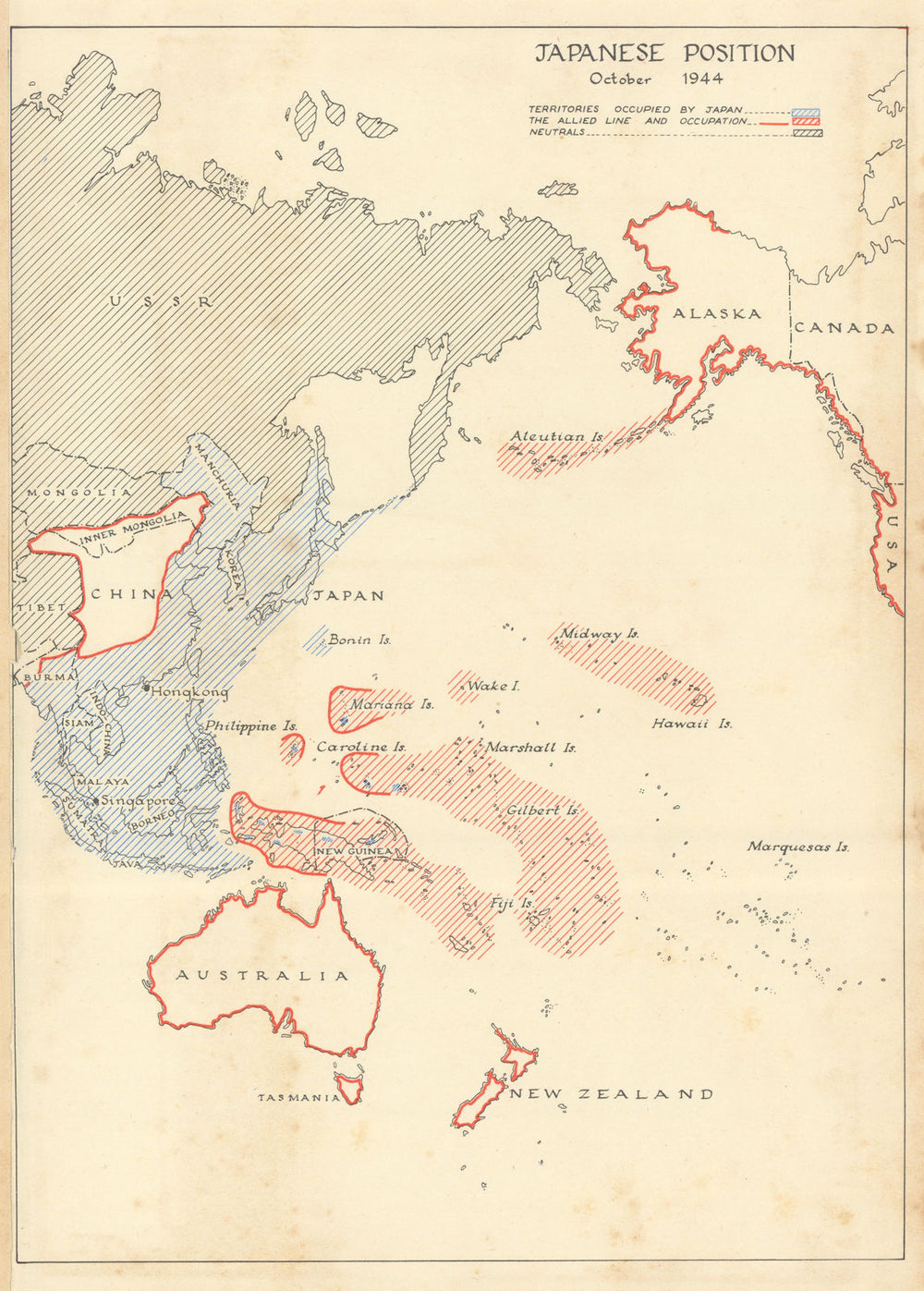 Japanese occupied territory, October 1944. World War Two 1956 old vintage map
