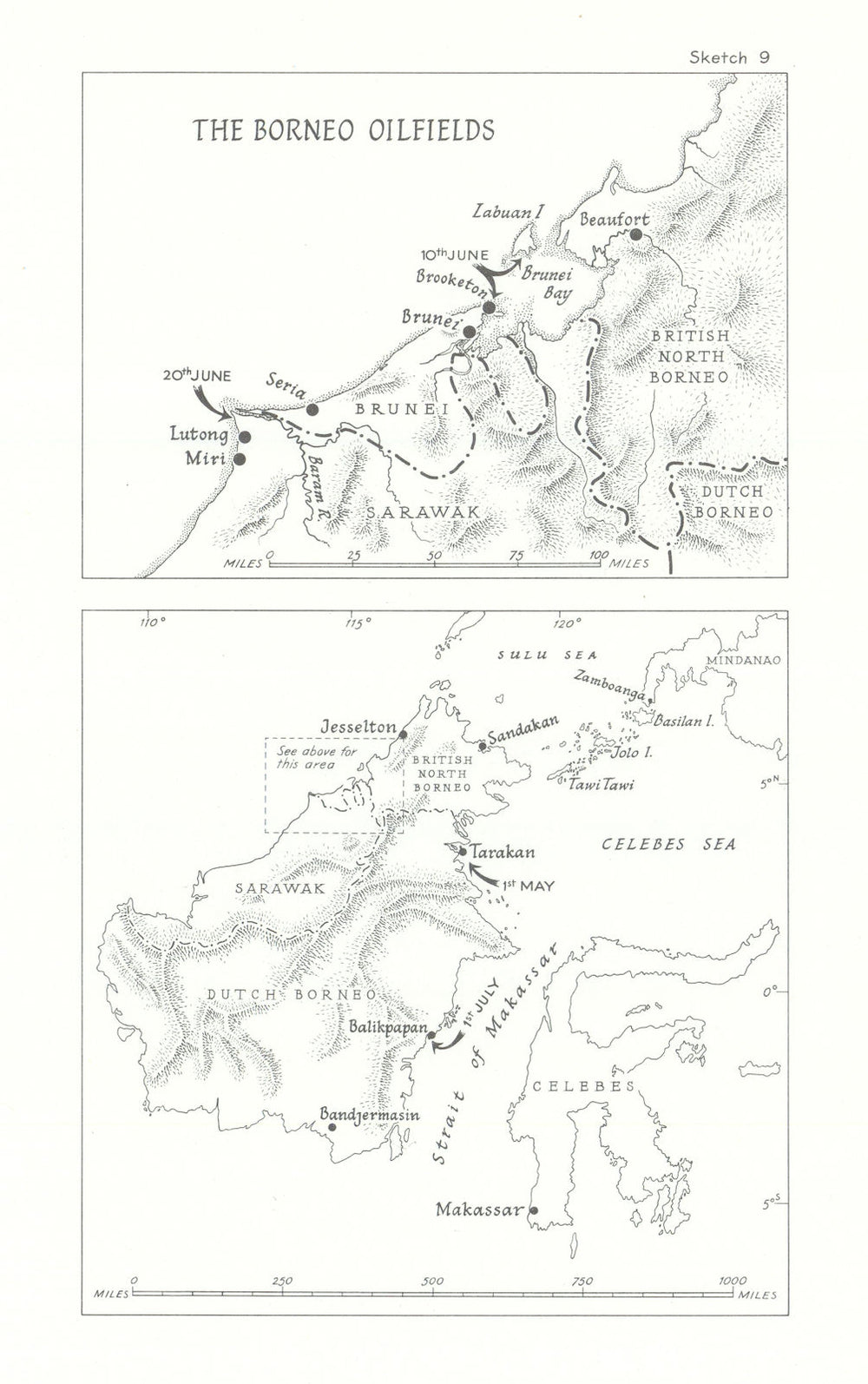 Borneo Oilfields campaign May-July 1945. Oboe 1,2,6. World War Two 1969 map