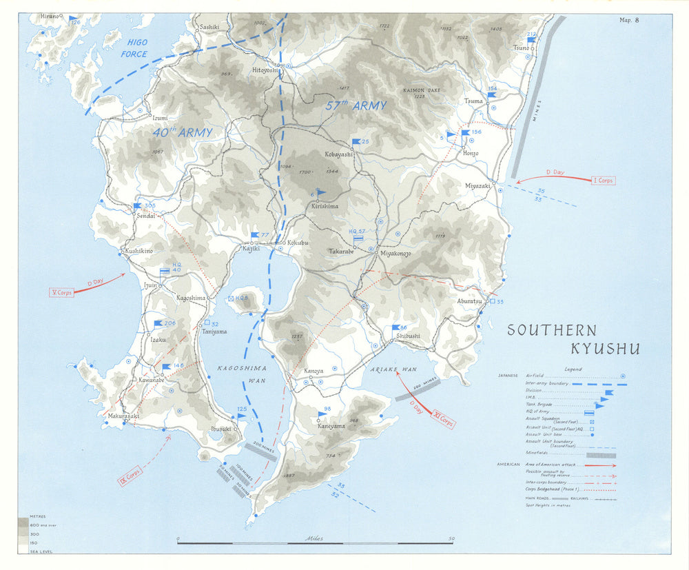 Operation Olympic. Planned 1945 US invasion of Southern Kyushu, Japan 1969 map