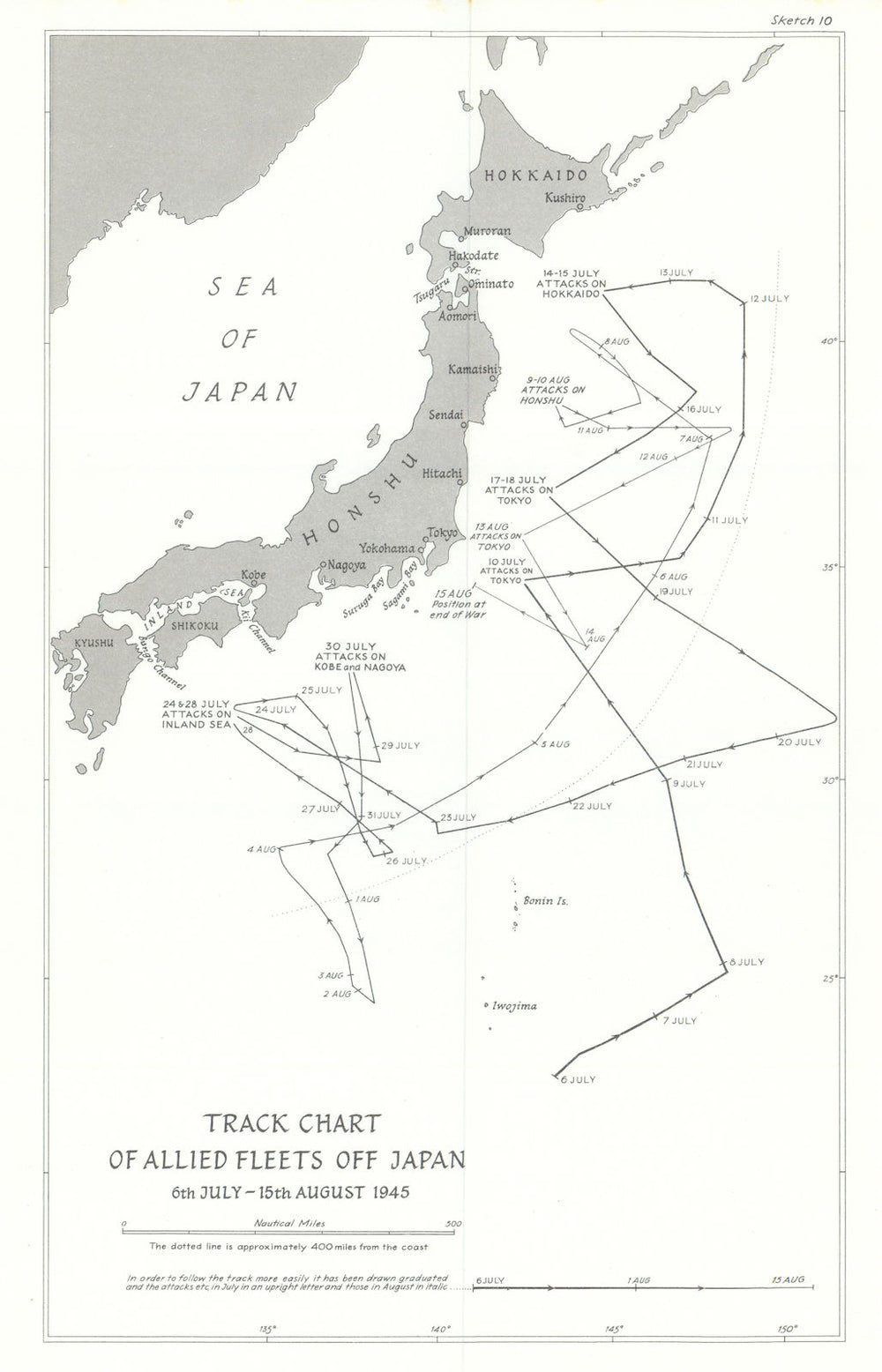 Allied Fleets track chart off Japan 6 July-15 August 1945 World War Two 1969 map