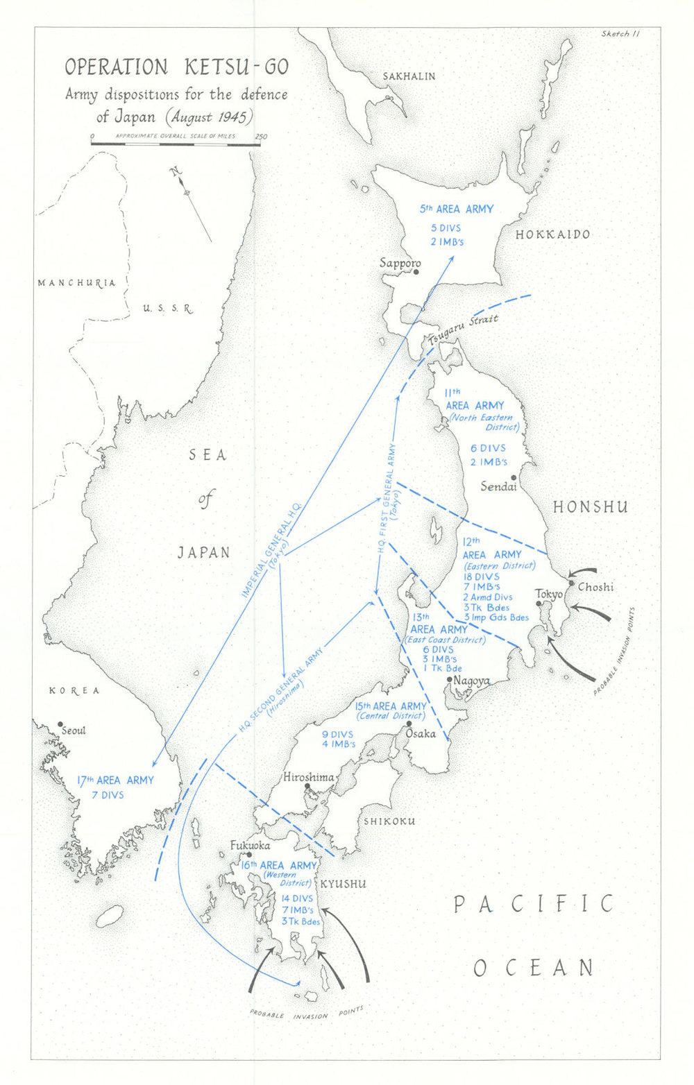 Operation Ketsu-Go: Defence of Japan, August 1945. World War Two 1969 old map