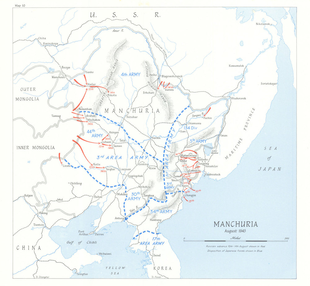 Soviet invasion of Manchuria, August 1945. World War Two 1969 old vintage map