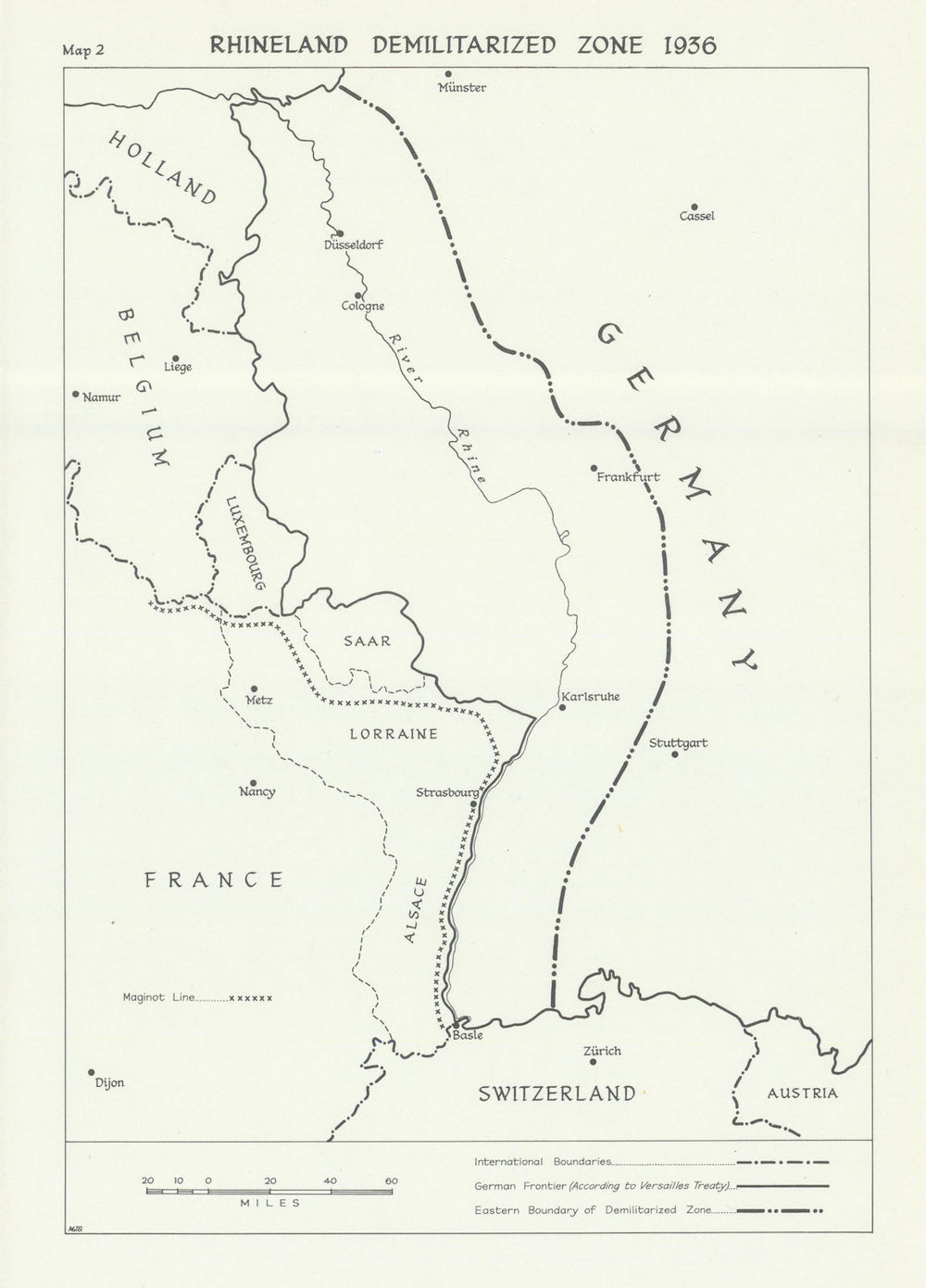 Rhineland Demilitarised Zone 1936. Nazi Germany. Maginot Line 1976 old map
