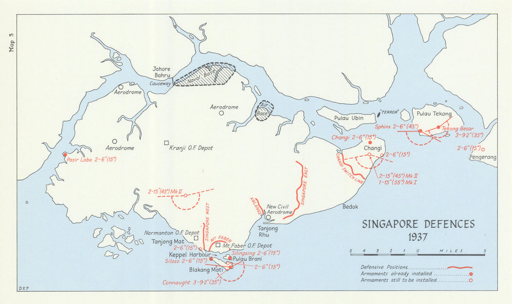 Singapore Defences 1937. Armaments Defensive positions. World War Two 1976 map