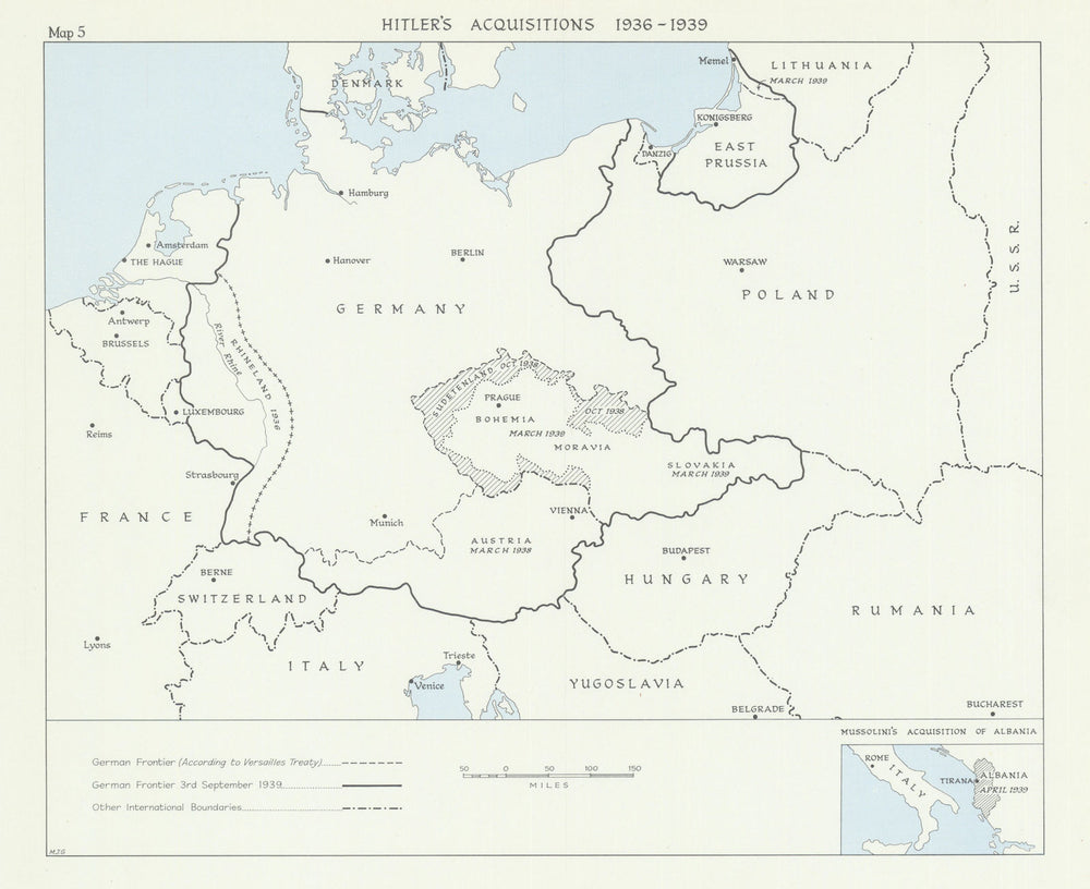 Hitler's Acquisitions 1936-39. Rhineland Czechoslovakia Austria Germany 1976 map