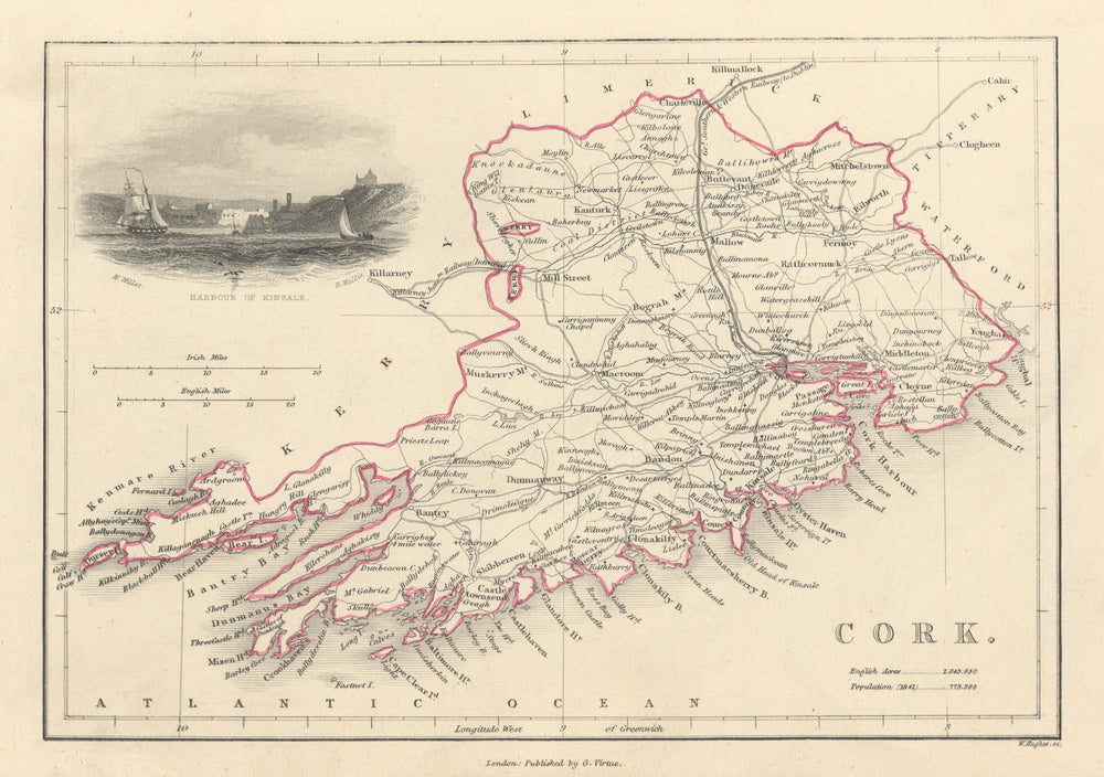 Antique CORK county map by Alfred ADLARD. Ireland 1843 old chart