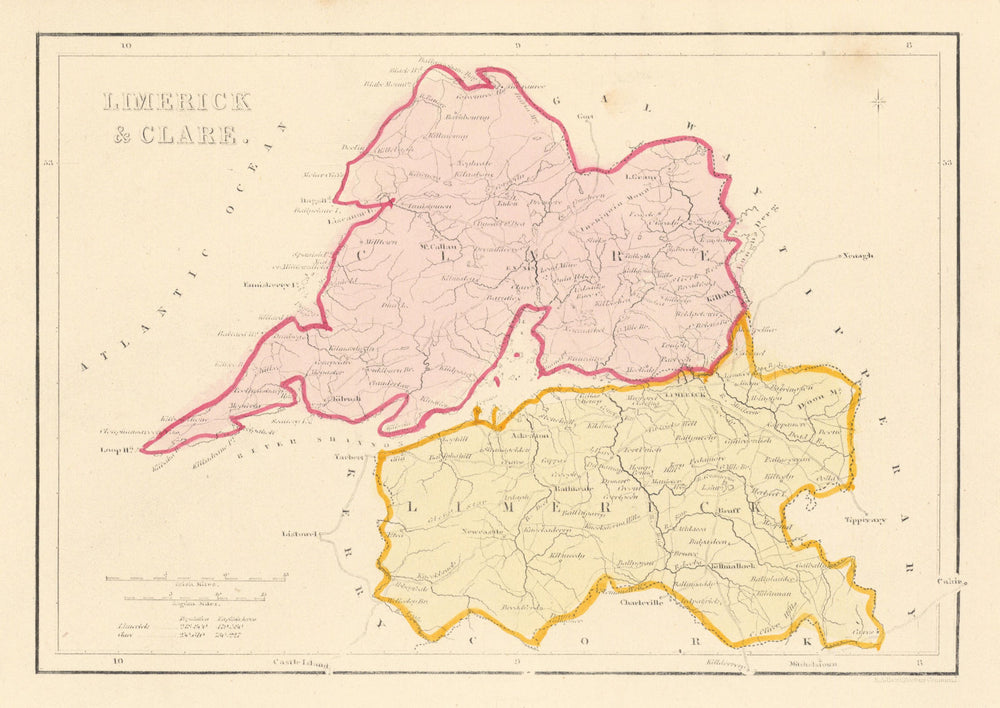 Antique LIMERICK & CLARE county map by Alfred ADLARD. Ireland 1843 old