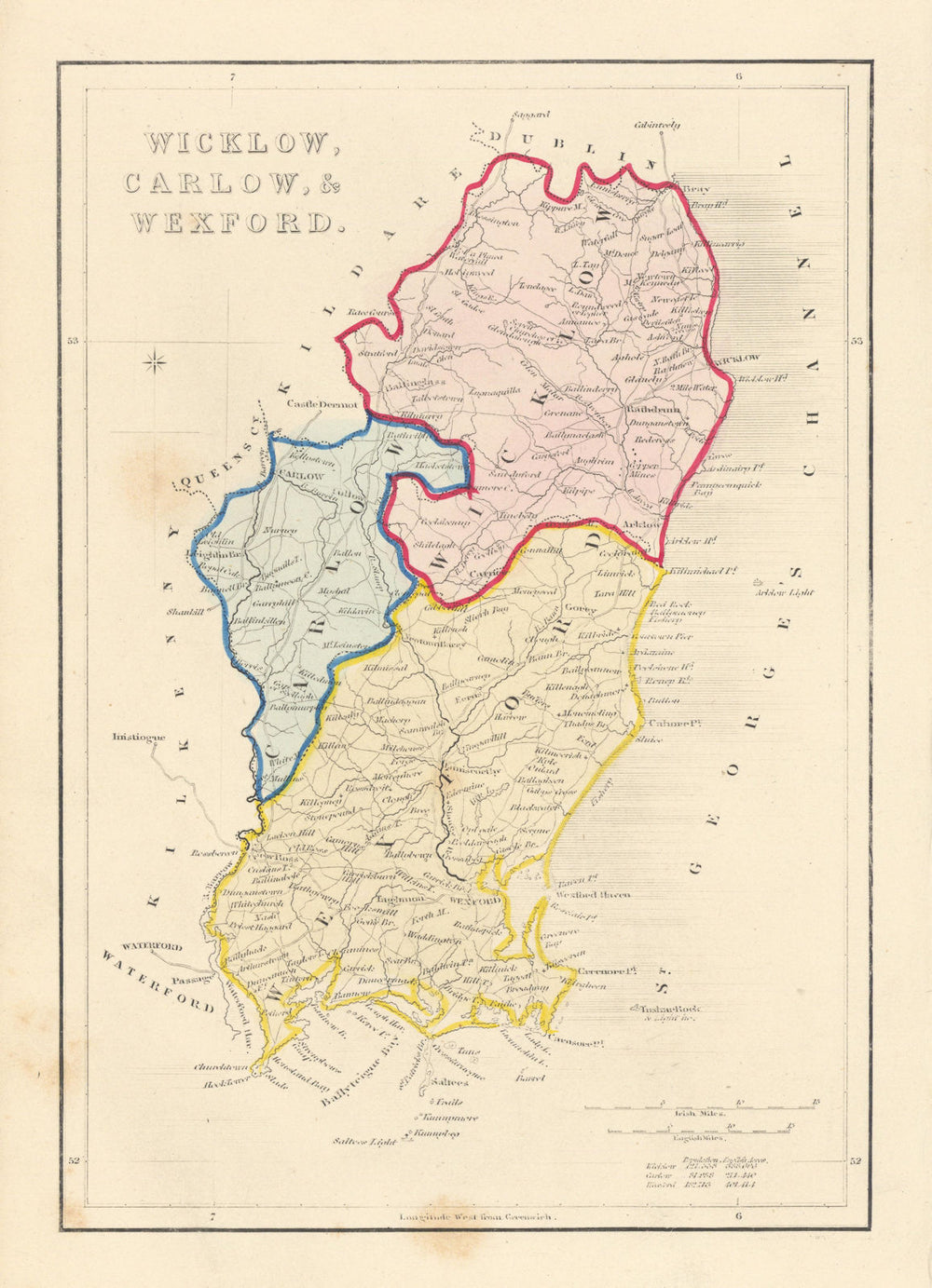 Antique WICKLOW, CARLOW & WEXFORD county map by Alfred ADLARD. Ireland 1843