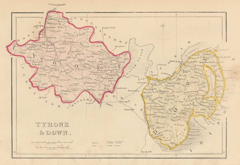 Antique TYRONE & DOWN county map by Alfred ADLARD. Northern Ireland Ulster 1843