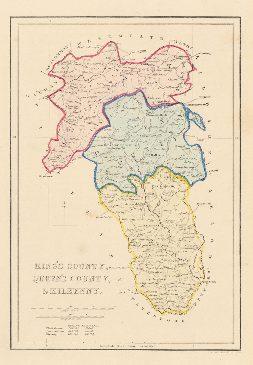 Antique KING'S & QUEEN'S COUNTY & KILKENNY map. ADLARD. Offaly Laois 1843