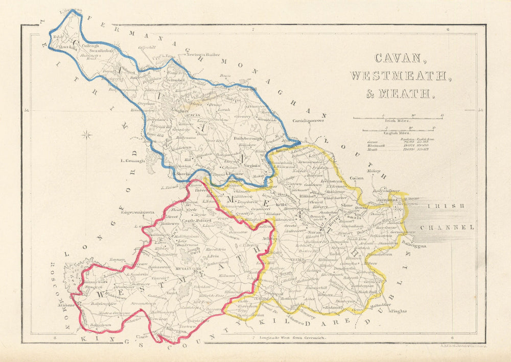 Antique CAVAN, WESTMEATH & MEATH county map by Alfred ADLARD. Ireland 1843