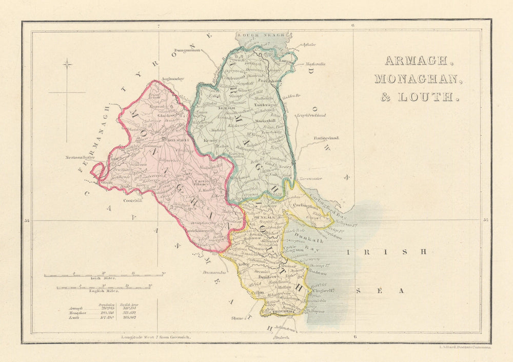 Antique ARMAGH, MONAGHAN & LOUTH county map. ADLARD Northern Ireland Ulster 1843