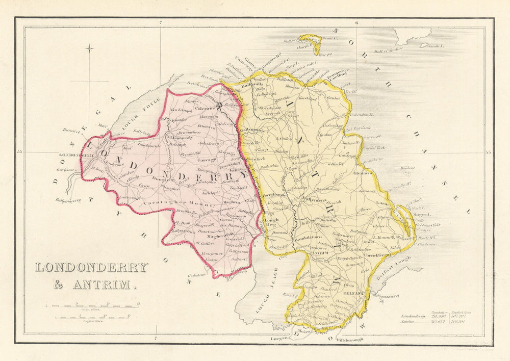 Antique LONDONDERRY & ANTRIM county map. ADLARD. Northern Ireland Ulster 1843