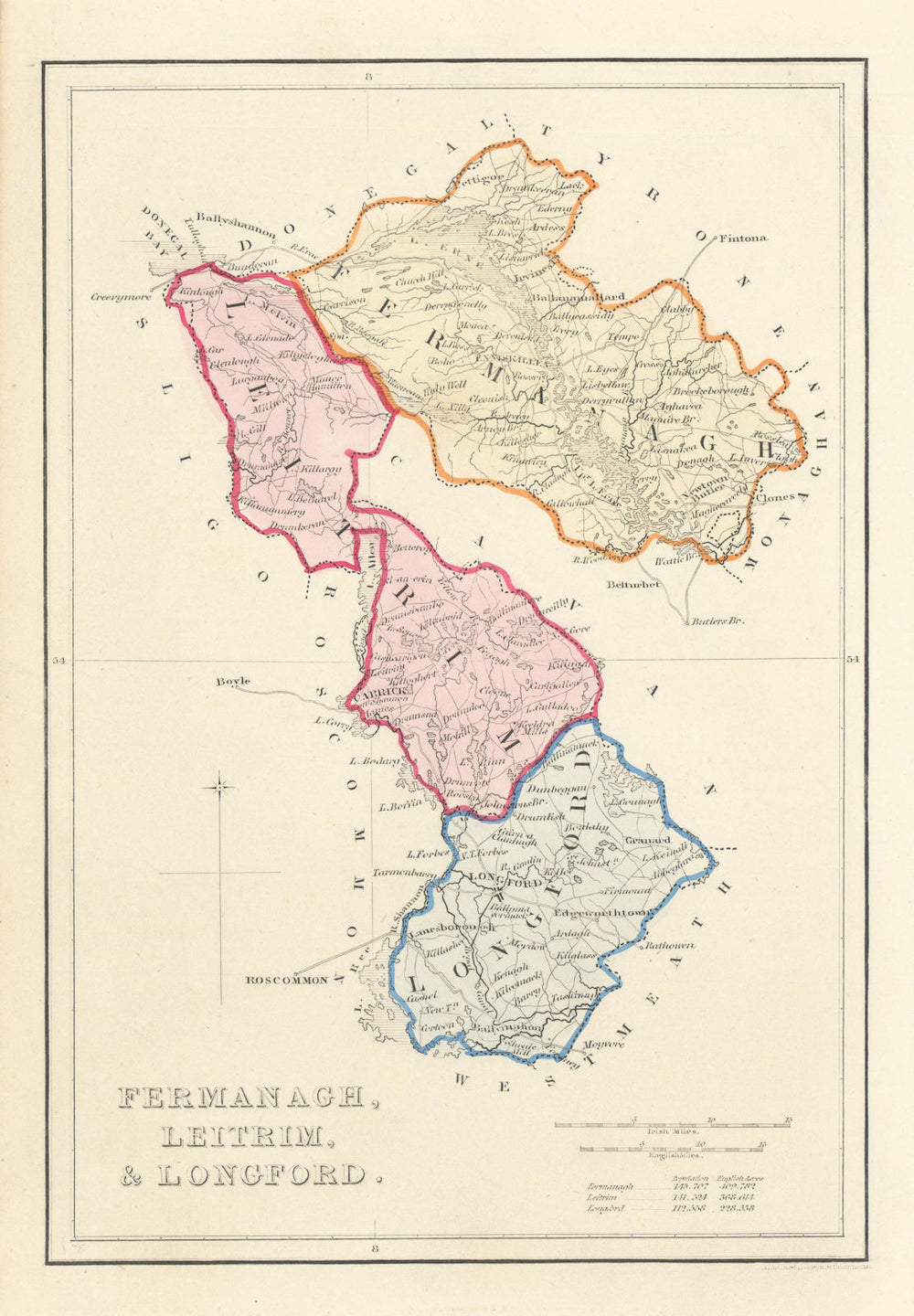 Antique FERMANAGH, LEITRIM, & LONGFORD county map. ADLARD. Ireland Ulster 1843