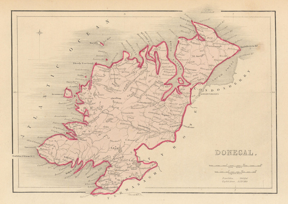 Antique DONEGAL county map by Alfred ADLARD. Ireland 1843 old