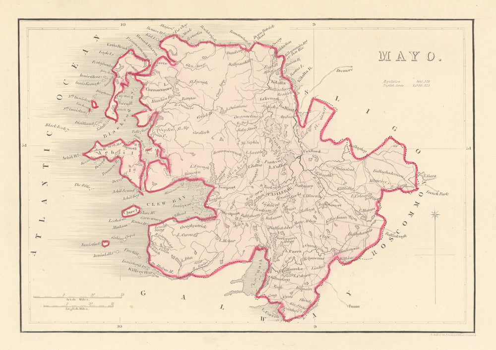 Antique MAYO county map by Alfred ADLARD. Ireland 1843 old chart