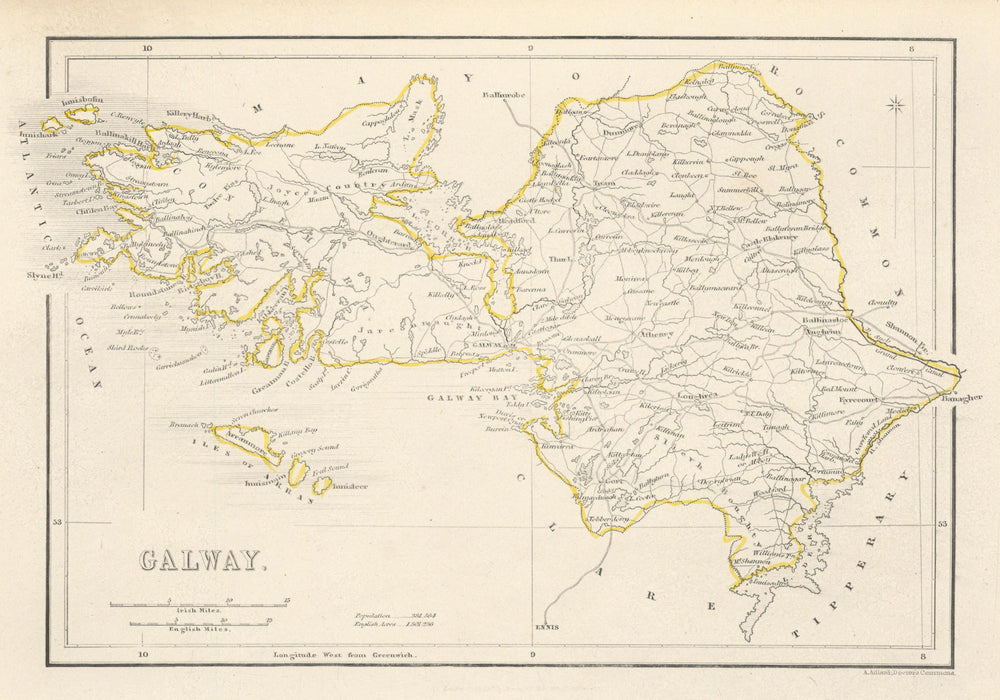 Antique GALWAY county map by Alfred ADLARD. Ireland 1843 old chart