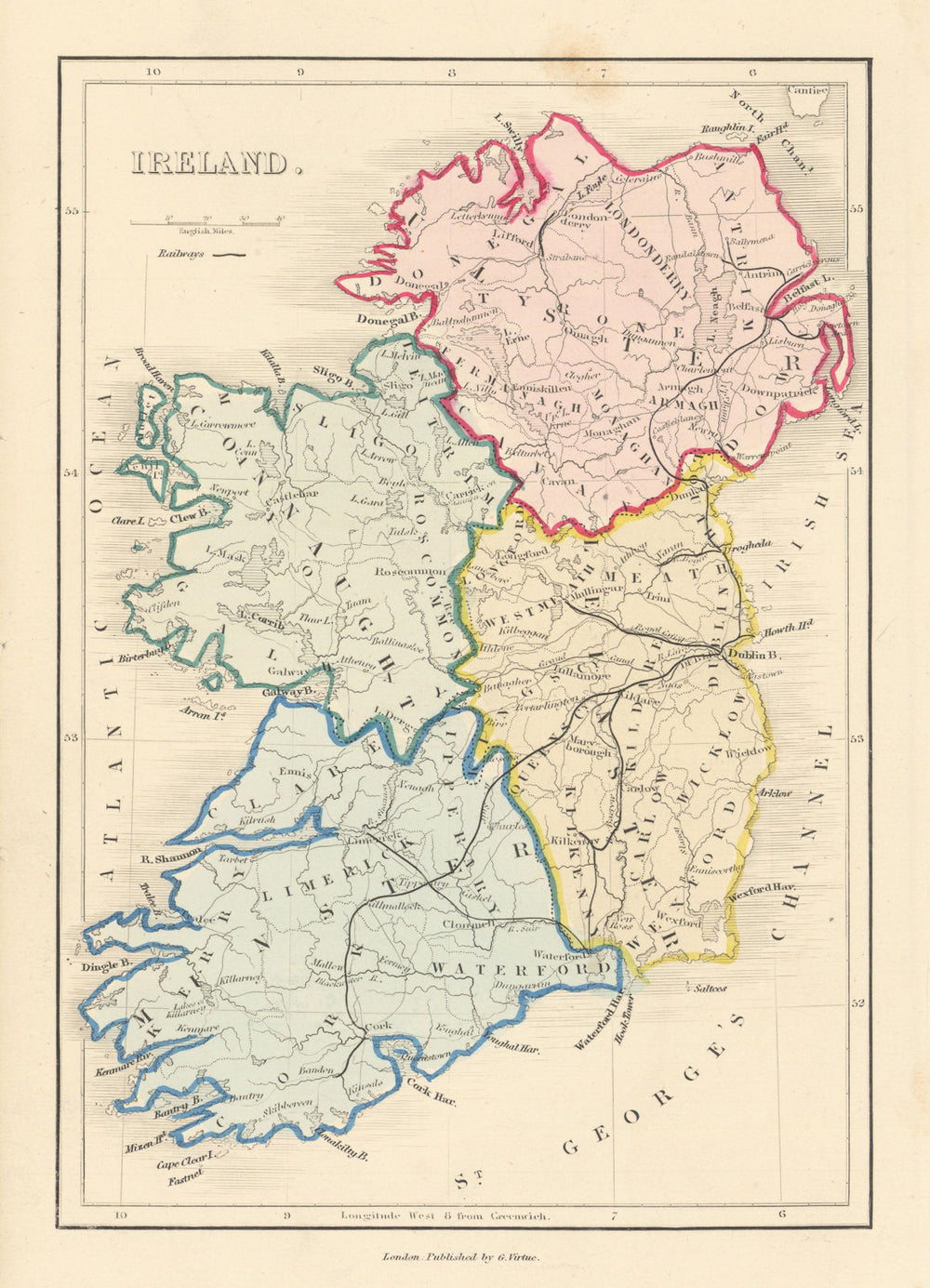 Antique map of IRELAND with railways, counties & provinces by Alfred ADLARD 1843