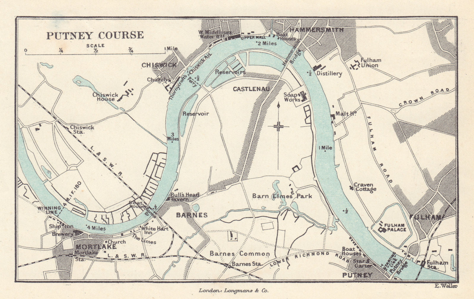 The Putney to Mortlake rowing course. Oxford-Cambridge boat race WELLER ...