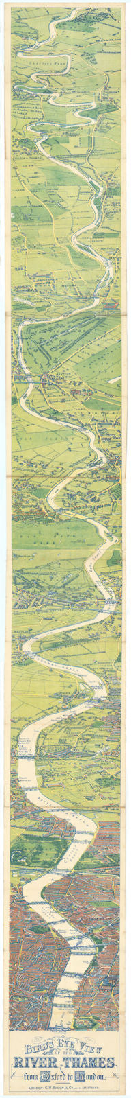 Thames Valley Bird's eye view Chertsey Richmond Chiswick Putney London c1894 map
