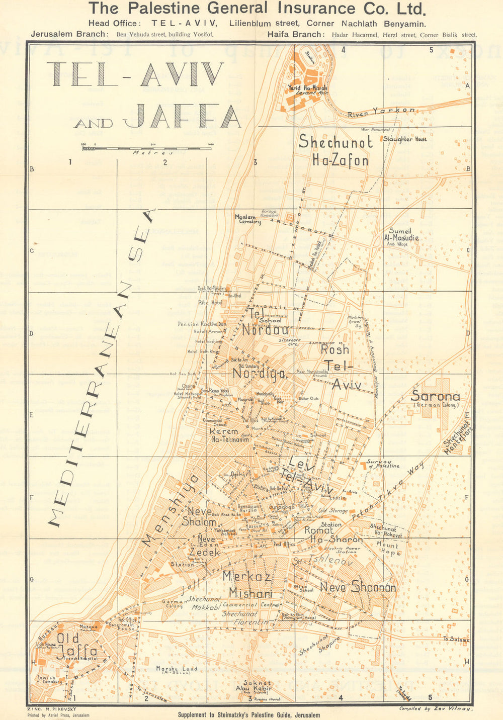 Tel-Aviv and Jaffa. British Mandate era city plan. VILNAY/ STEIMATZKY 1935 map
