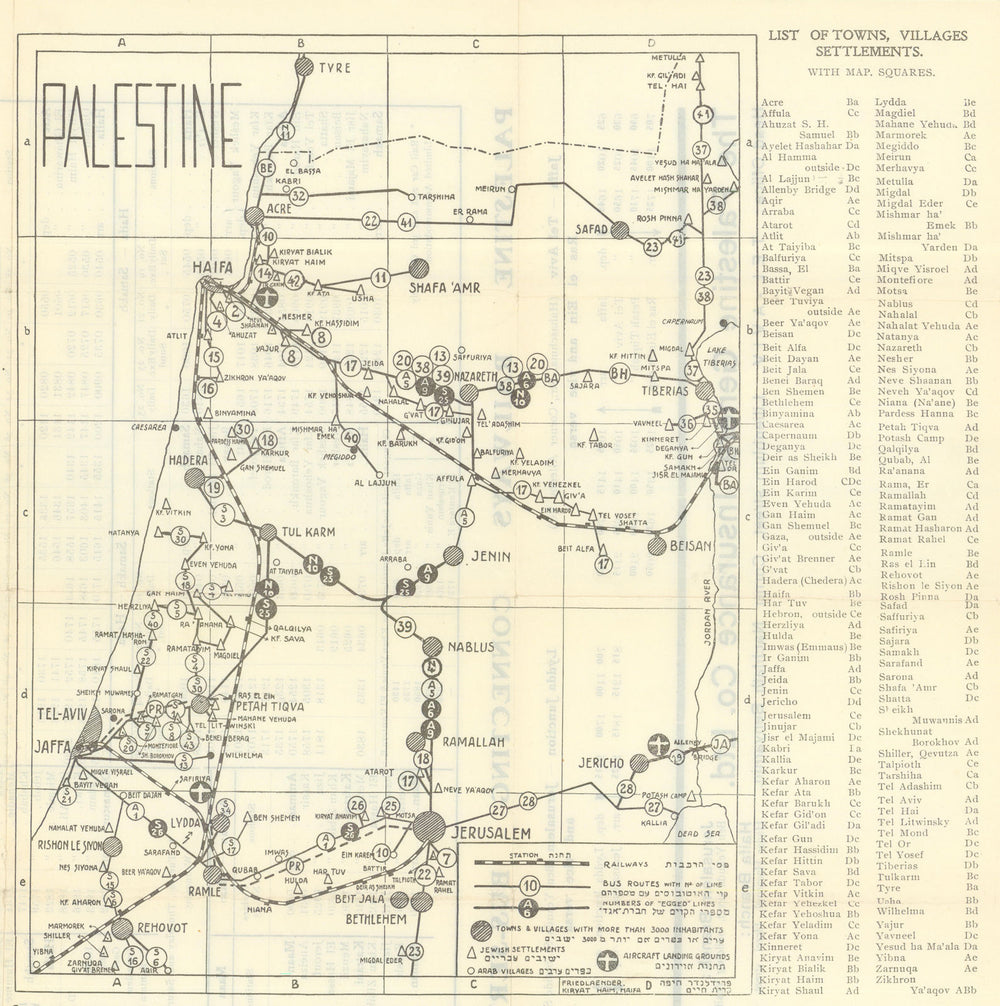Palestine rail lines, bus routes, Jewish settlements & Arab villages 1935 map
