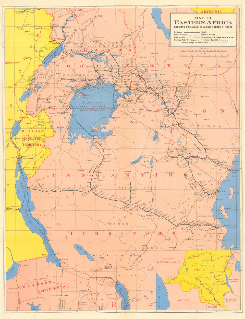 Map of Eastern Africa showing railways, steamer routes & roads 1949 old