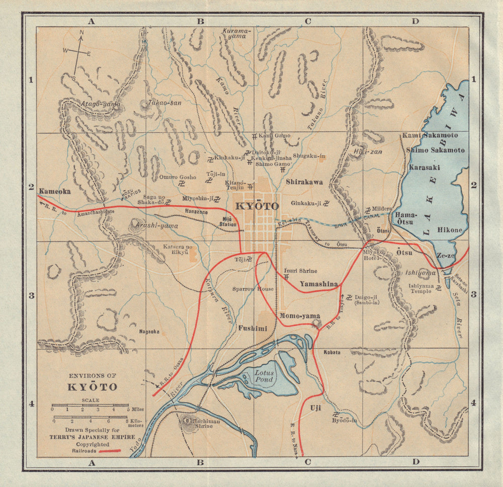 Environs of Kyoto town/city plan. Japan antique tourist map 1930 old