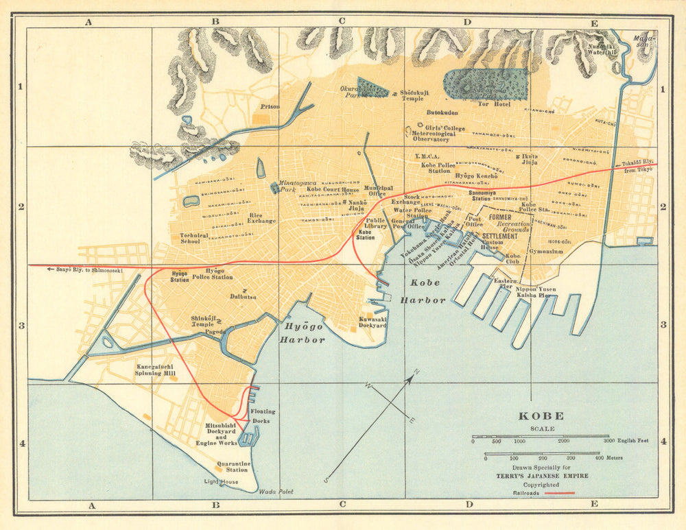 Kobe town/city plan. Japan antique tourist map 1930 old chart