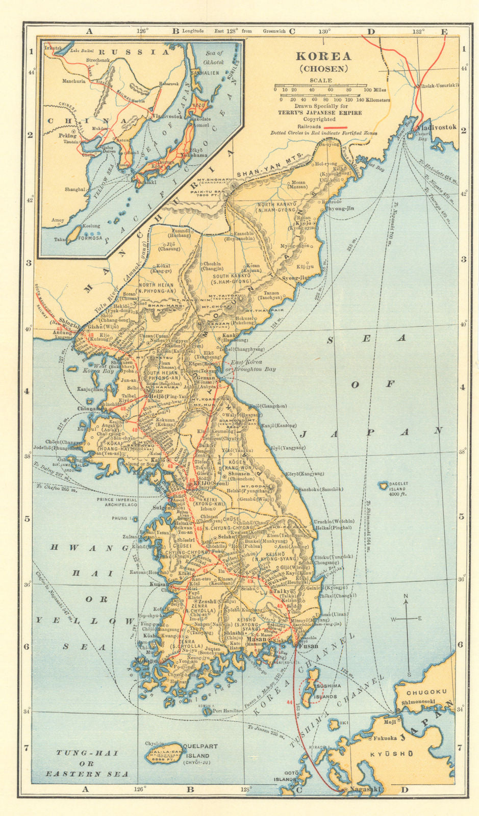 Map of the Korean peninsula. Chosen. Antique tourist map 1930 old