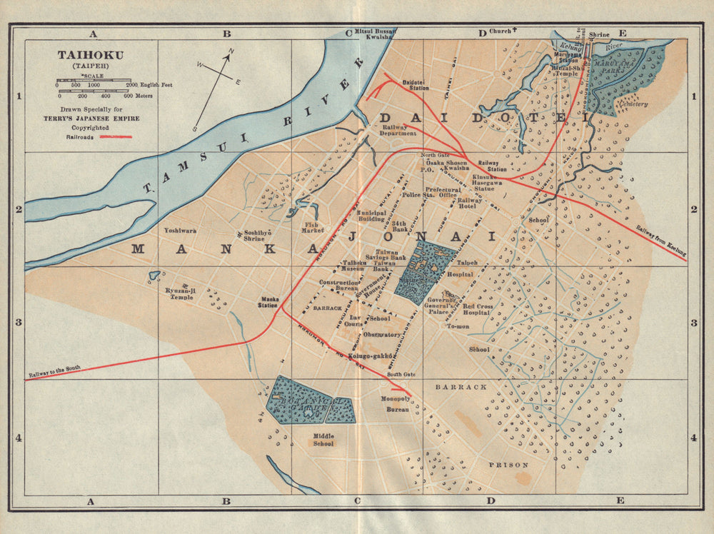 Taihoku (Taipeh/Taipei) town/city plan. Taiwan antique tourist map 1930