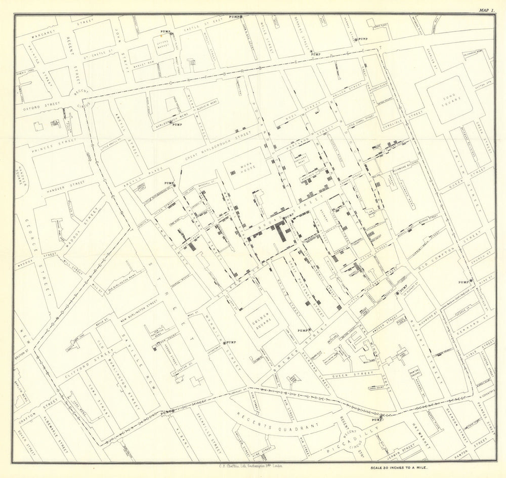 Broad Street Cholera Outbreak, Soho, London by Dr John Snow 1855 (1936) map