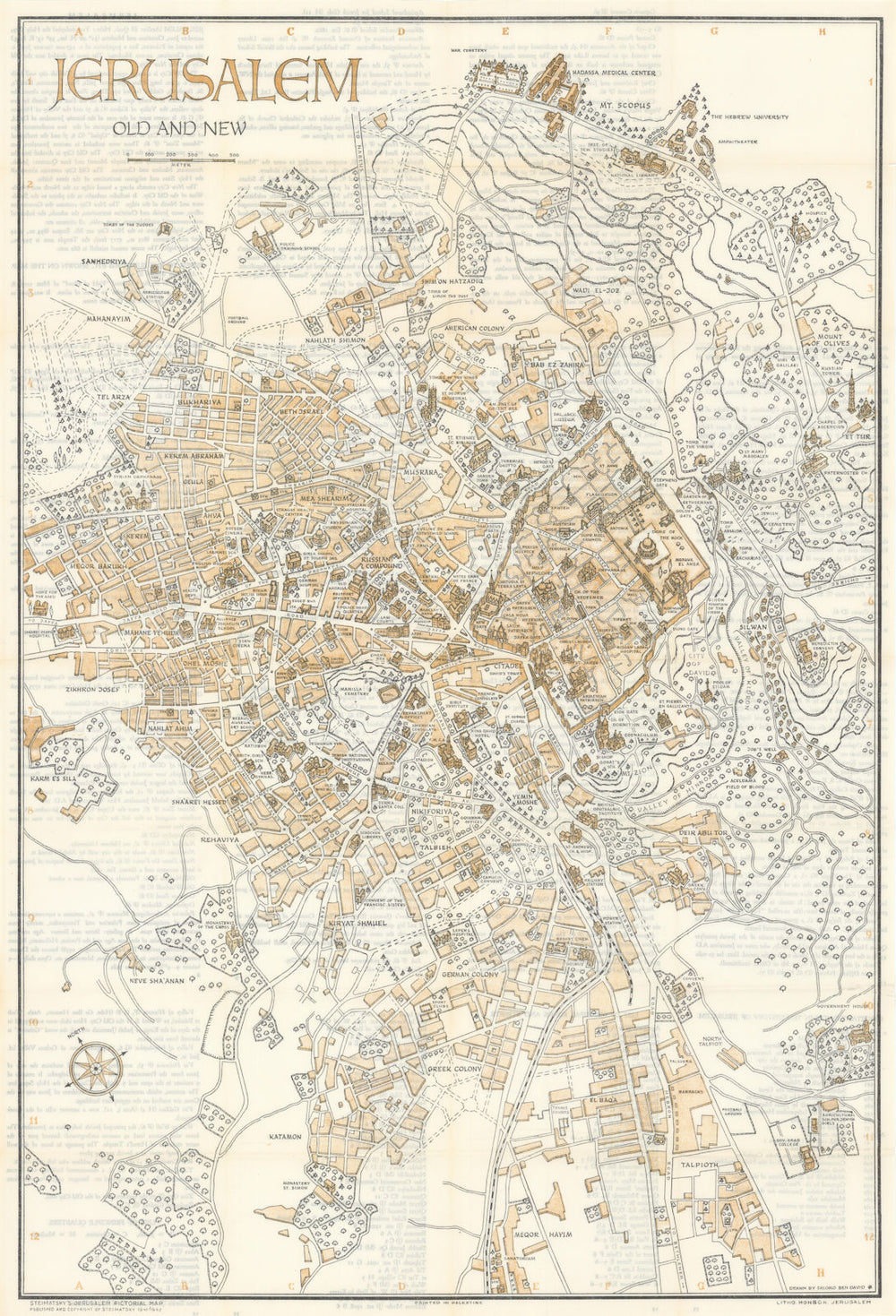 Steimatzky's Jerusalem Old & New Pictorial Map. SHLOMO BEN DAVID 1948
