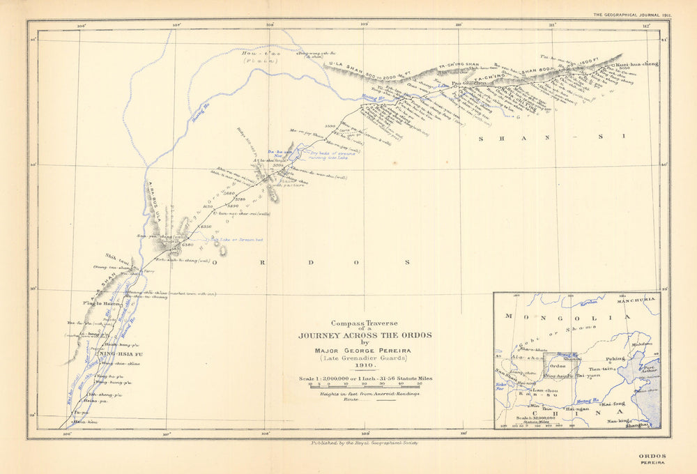 A journey across the Ordos by Major George Pereira 1910. China. RGS 1911 map