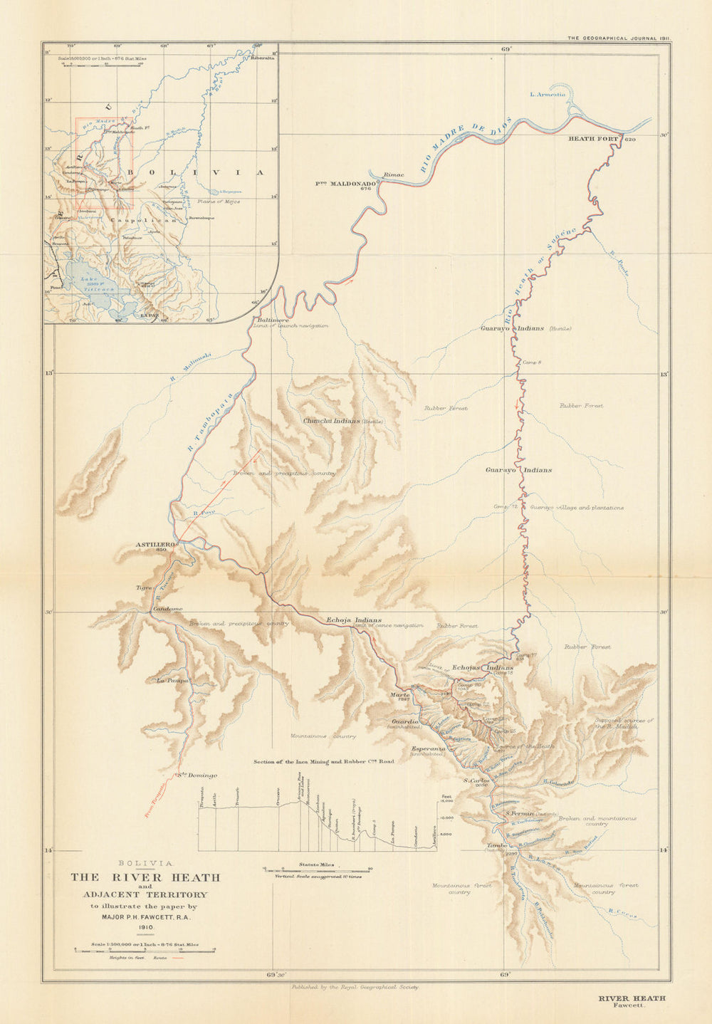 Peru & Bolivia. The River Heath by Major Percy Fawcett 1910. RGS 1911 old map