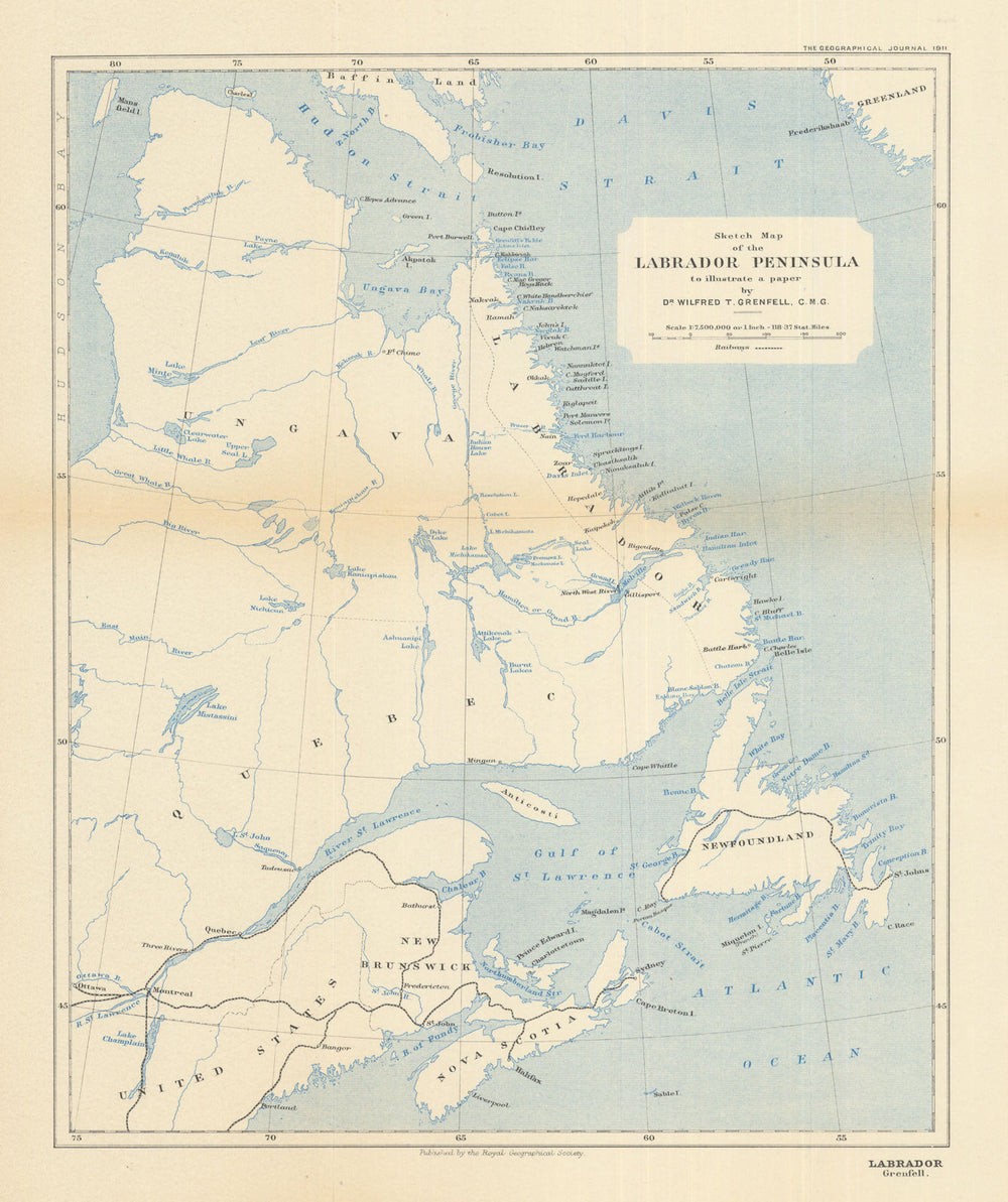 Sketch map of the Labrador Peninsula… by Wilfred Grenfell. Canada. RGS 1911