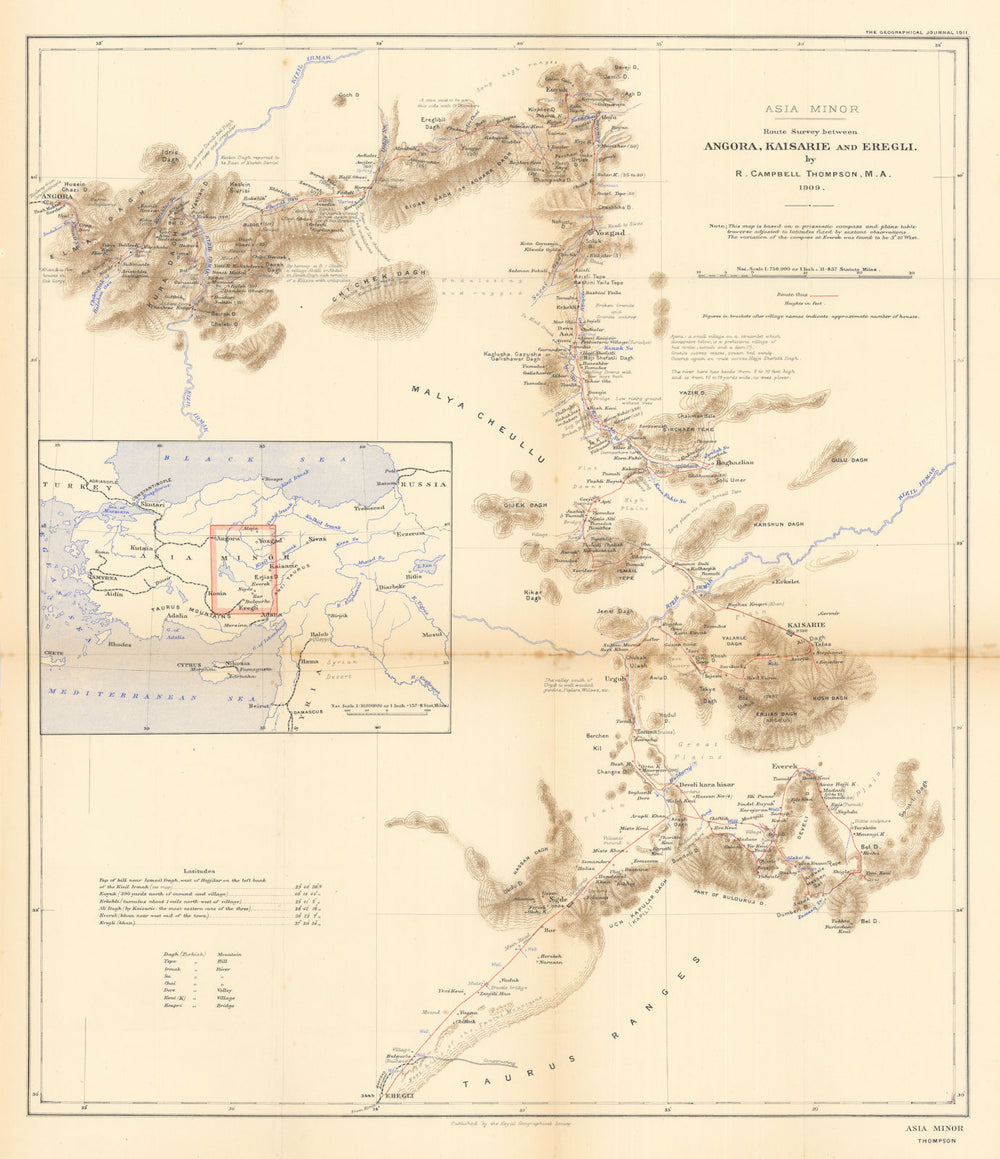 Asia Minor. Central Turkey survey by RC Thompson 1909. Turkey. RGS 1911 map