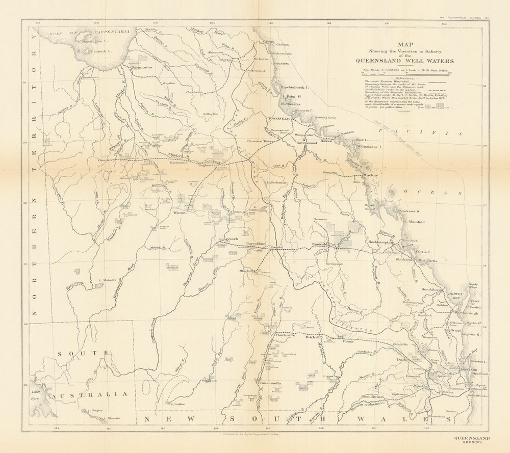 Variation in salinity of the Queensland well waters. Australia. RGS 1911 map