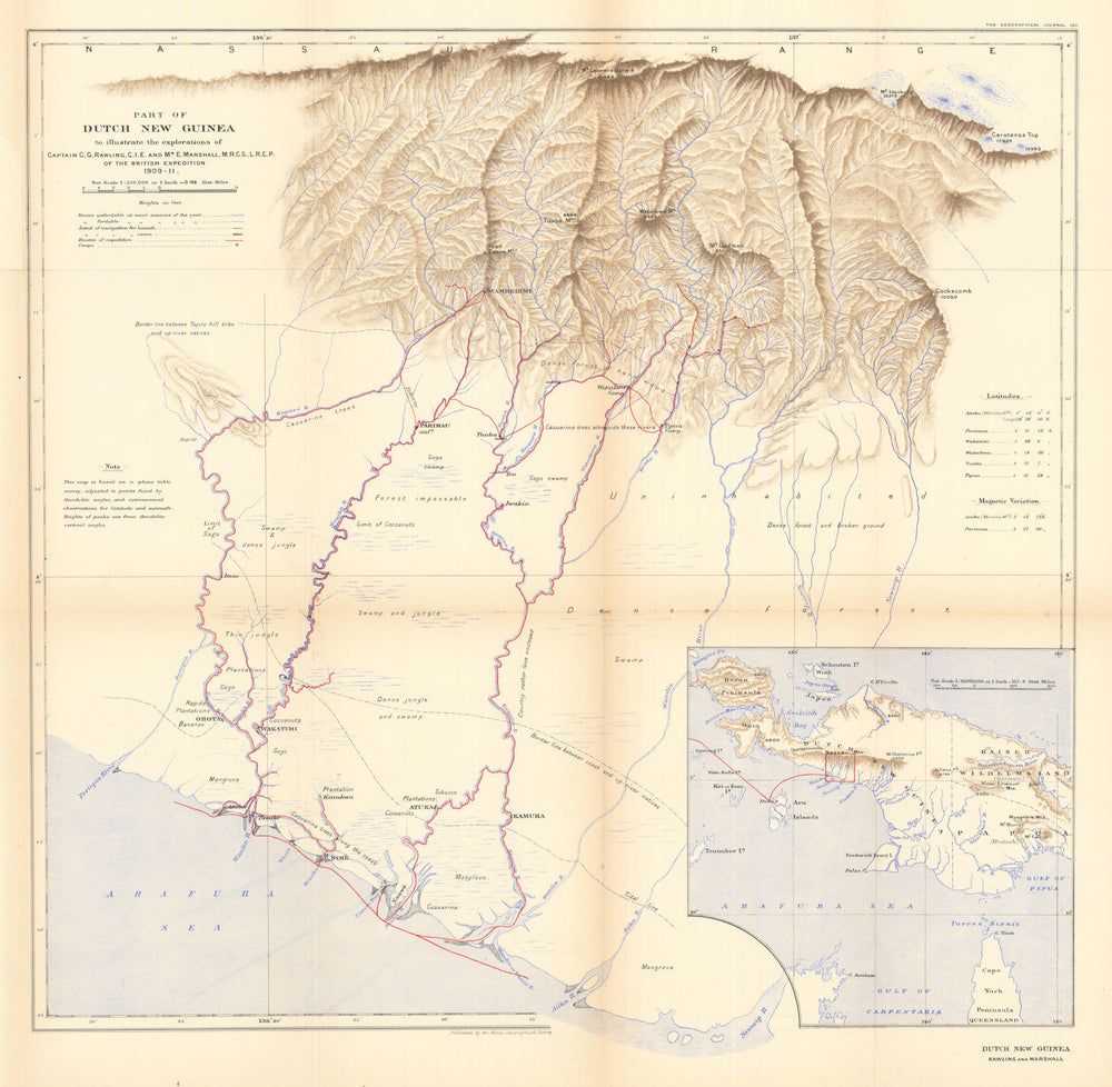 New Guinea. Rawling / British ornithologists' union expedition. RGS 1911 map