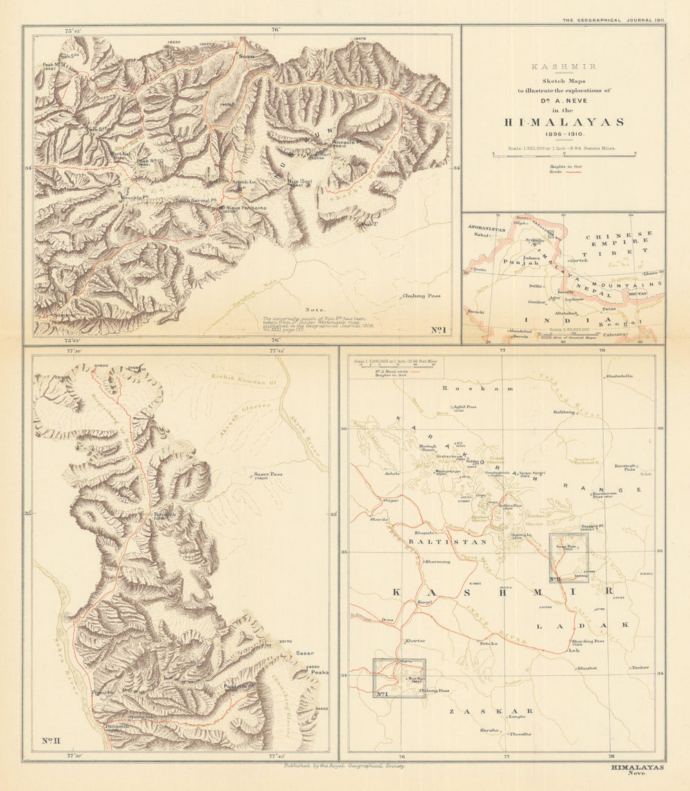 Kashmir. The Himalayan explorations of Arthur Neve 1896-1910. RGS 1911 old map