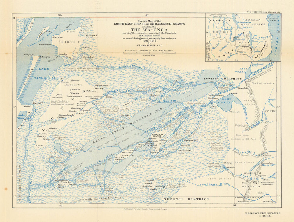 Bangweulu Swamps… surveyed 1902-10 by Frank Melland. Zambia. RGS 1911 old map