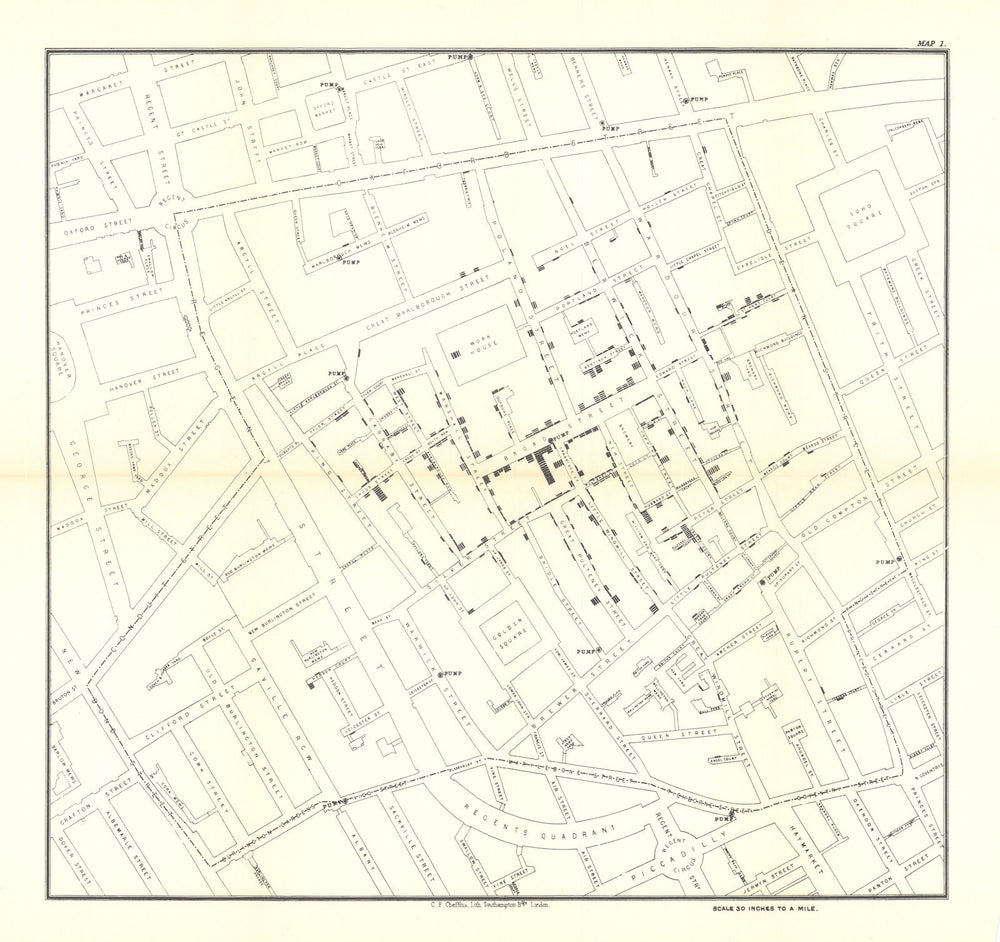 Broad Street Cholera Outbreak, Soho, London by Dr John Snow 1855 (1965) map