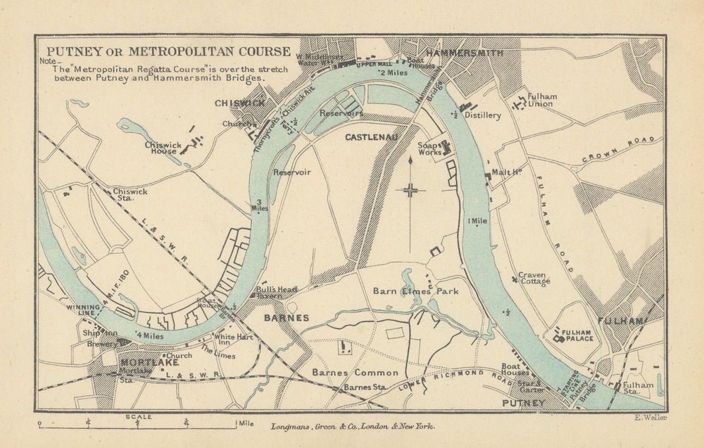 The Putney to Mortlake rowing course. Oxford-Cambridge boat race WELLER 1891 map