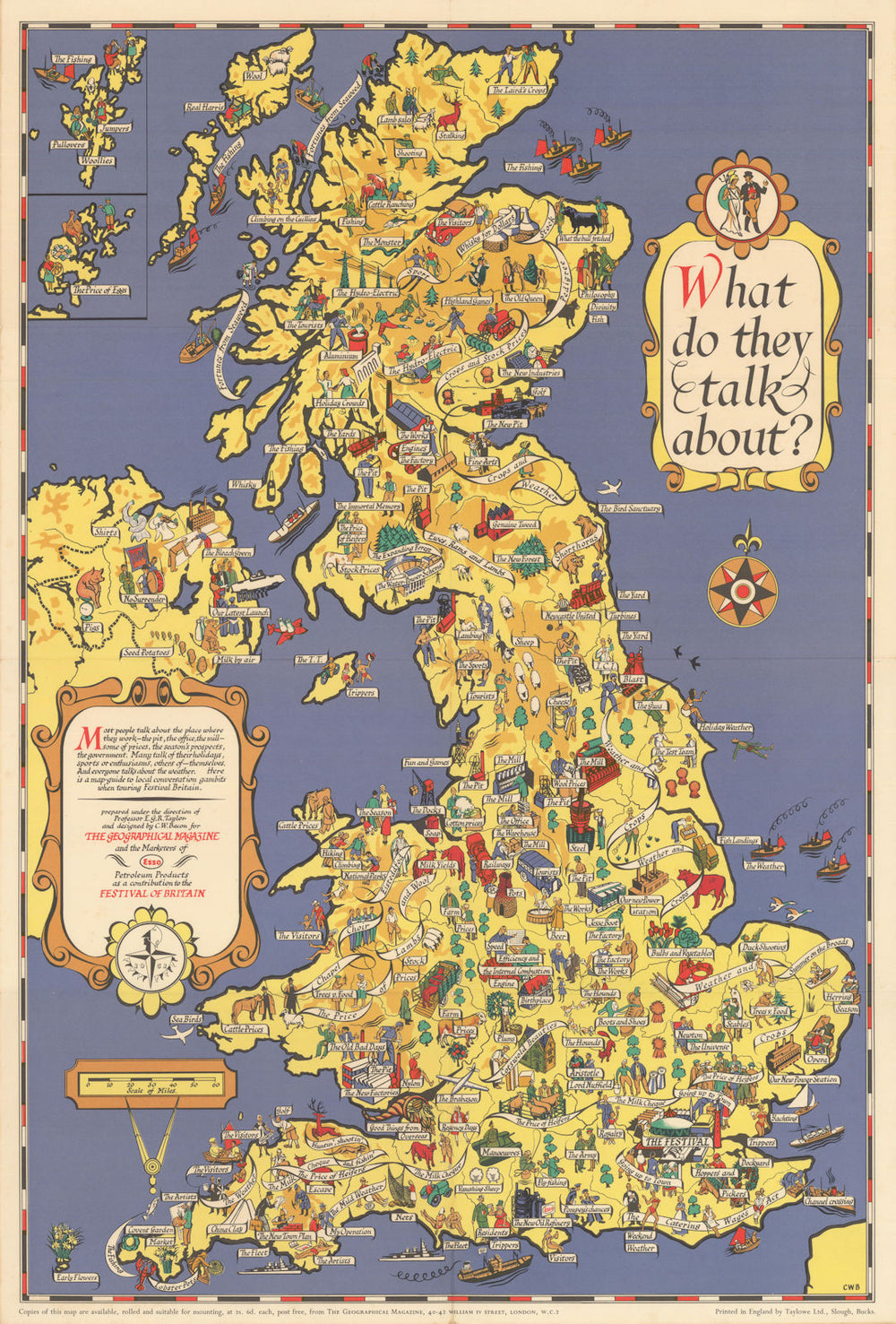 What do they talk about? UK Festival of Britain Pictorial map by C.W. Bacon 1951